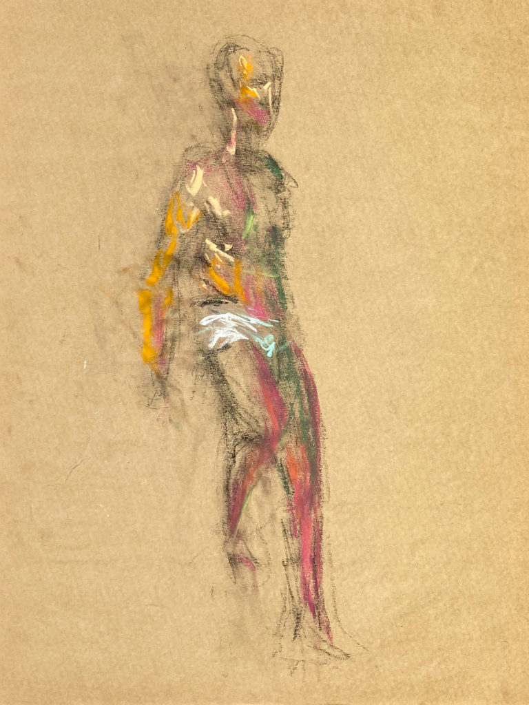 pastel drawing of naked male model in white briefs