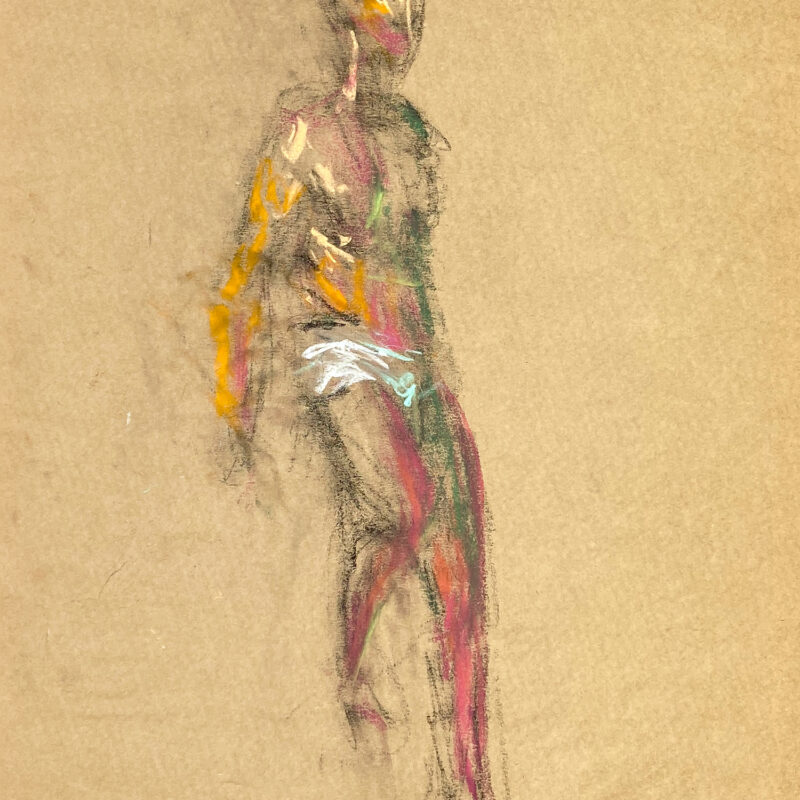 pastel drawing of naked male model in white briefs