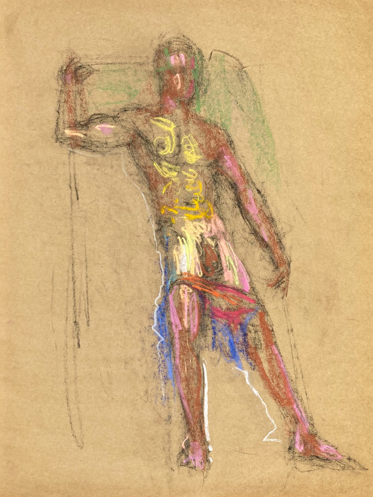 pastel drawing of naked male model semi naked in red briefs