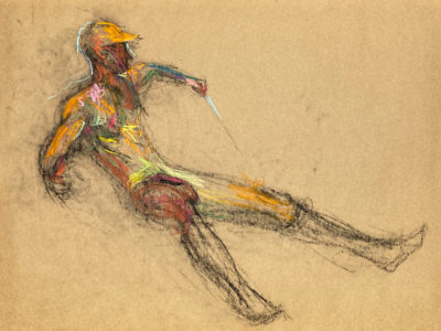 pastel drawing of naked male model in yellow cap