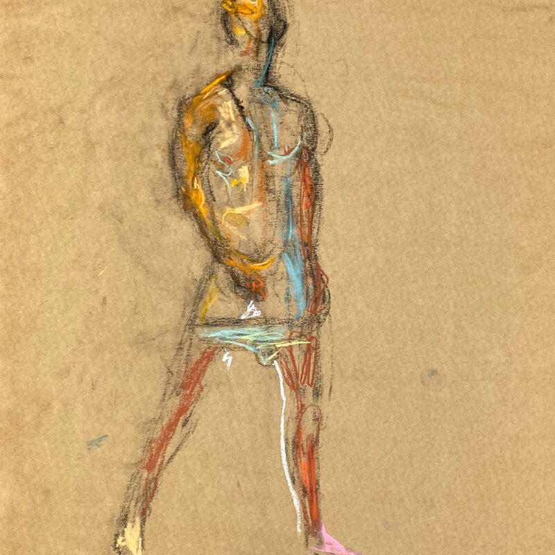 pastel drawing of semi naked male model in blue briefs