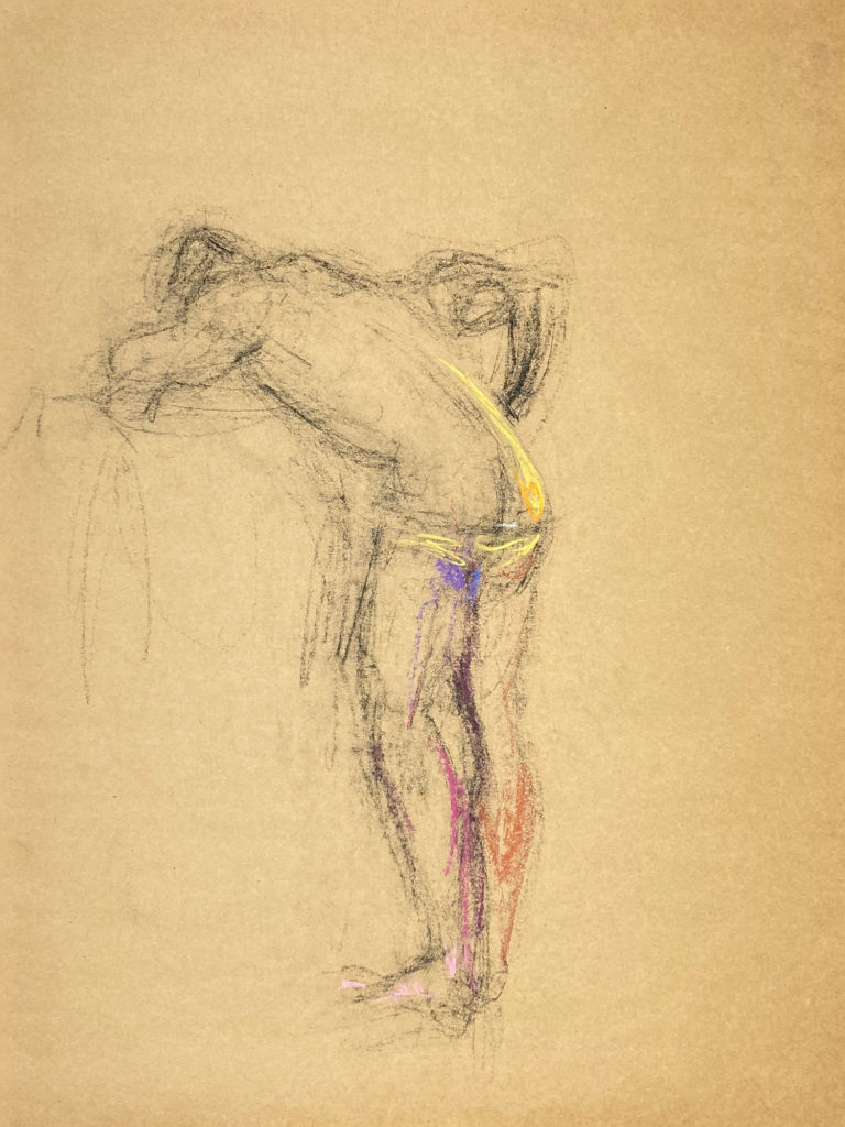 pastel drawing male model in briefs from backside
