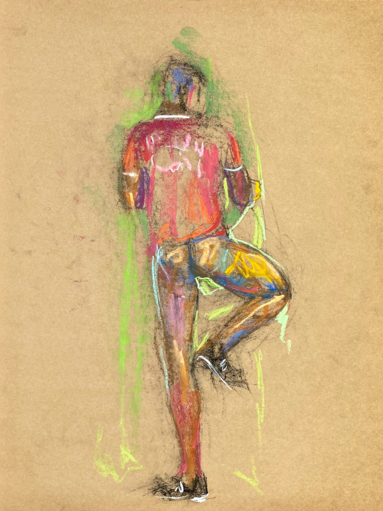 pastel drawing of naked male model in soccer outfit from backside