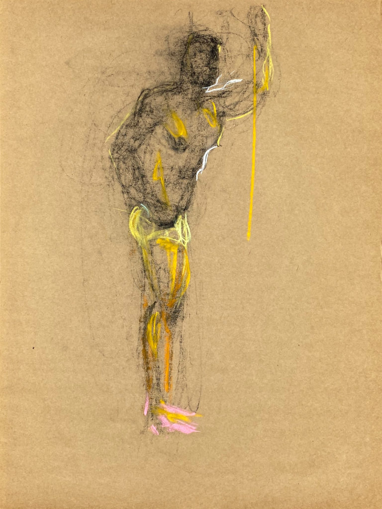 pastel drawing of male model in yellow trunks