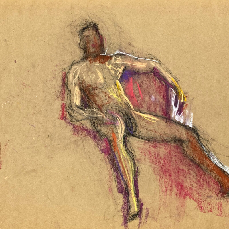 pastel drawing of male model reclining on burgundy drape