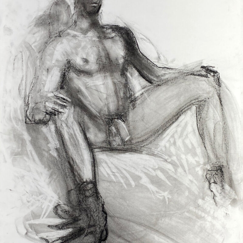 charcoal drawing of male model sitting in military cap and boots
