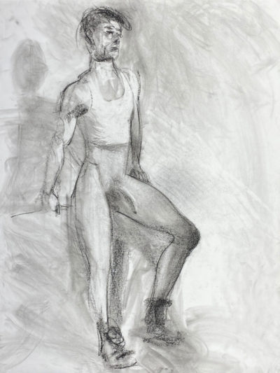 charcoal drawing of male model standing in white tank and boots