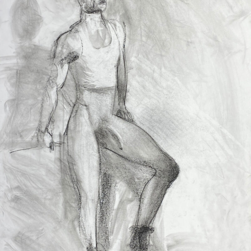 charcoal drawing of male model standing in white tank and boots