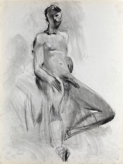 charcoal drawing of male model sitting in baseball cap, gaiters and baseball shoes