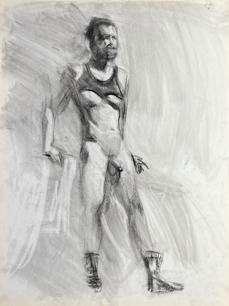 charcoal drawing of male model in black tank and boots