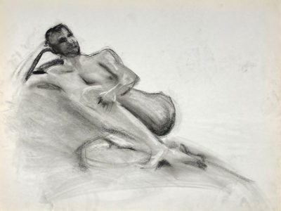 charcoal drawing of male model reclining