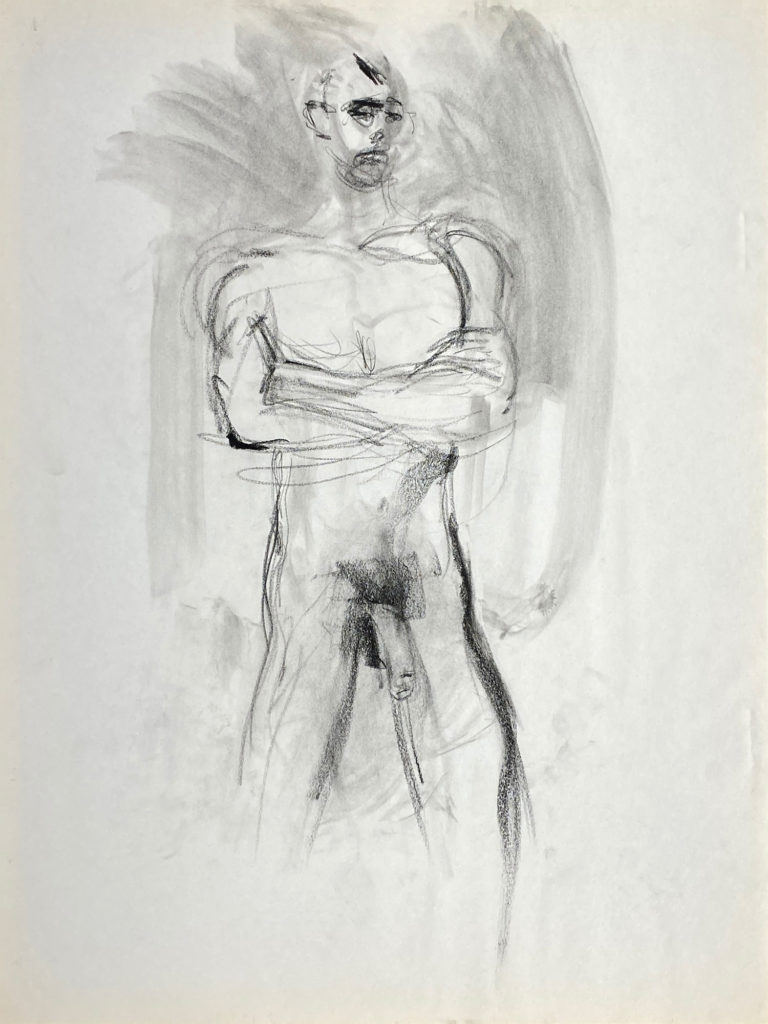 charcoal drawing of nude male model crossing arms