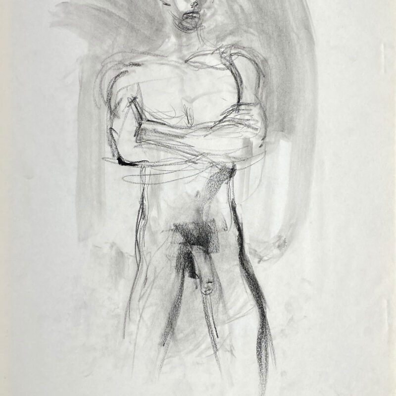 charcoal drawing of nude male model crossing arms