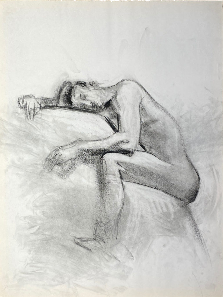 charcoal drawing of male model leaning on podium