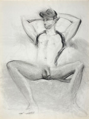 charcoal drawing of nude male model sitting in black t-shirt and baseball cap