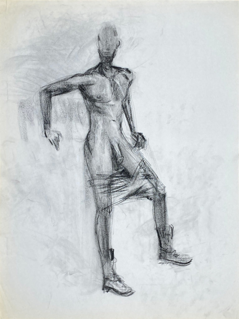 charcoal drawing of standing male model in jeans