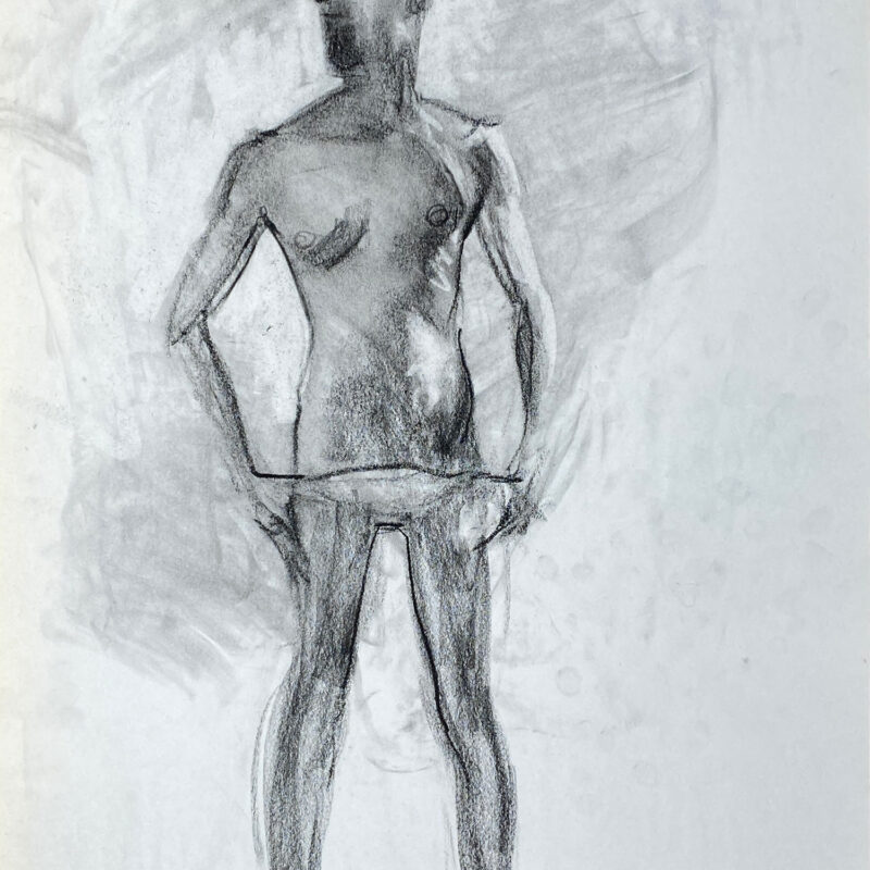 charcoal drawing of man in briefs