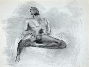 charcoal drawing of nude male model playing with himself