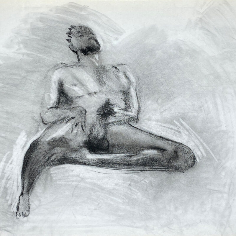 charcoal drawing of nude male model playing with himself