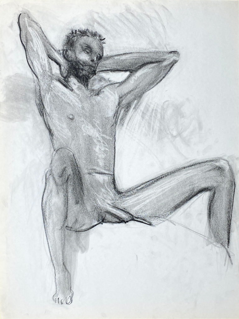 charcoal drawing of nude male model stretching
