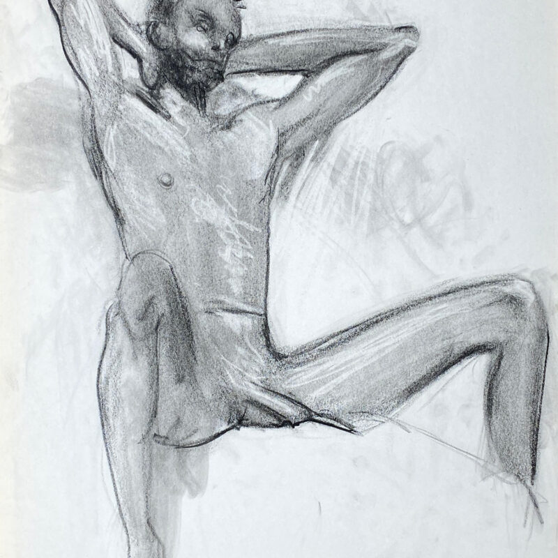 charcoal drawing of nude male model stretching