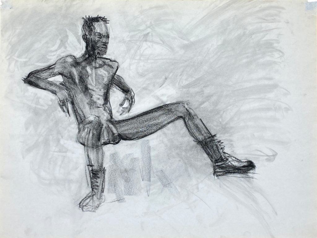 charcoal drawing of sitting male model in leather boots