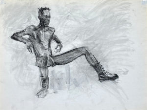 charcoal drawing of sitting male model in leather boots