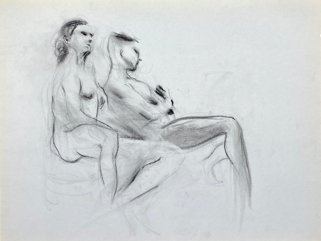 charcoal drawing of two male models sitting sideward