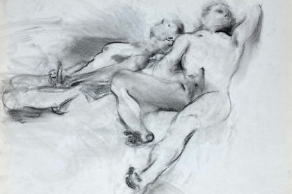 charcoal drawing of two male models masturbating