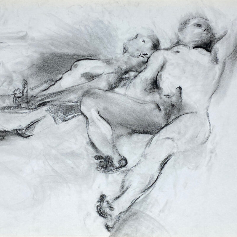 charcoal drawing of two male models masturbating