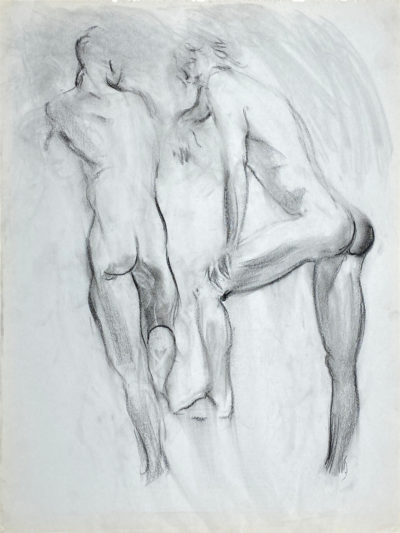 charcoal drawing of two male models nude from backside