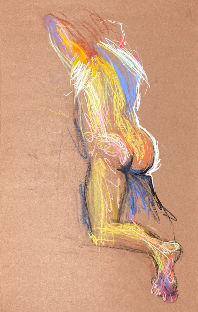 pastel drawing of male model in white tank from backside