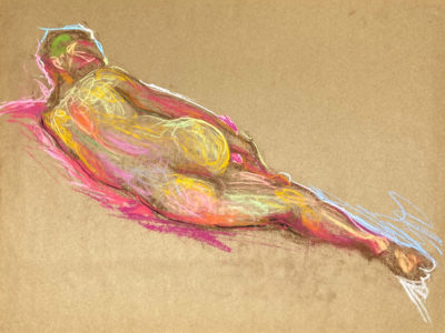 pastel drawing of male model laying from backside
