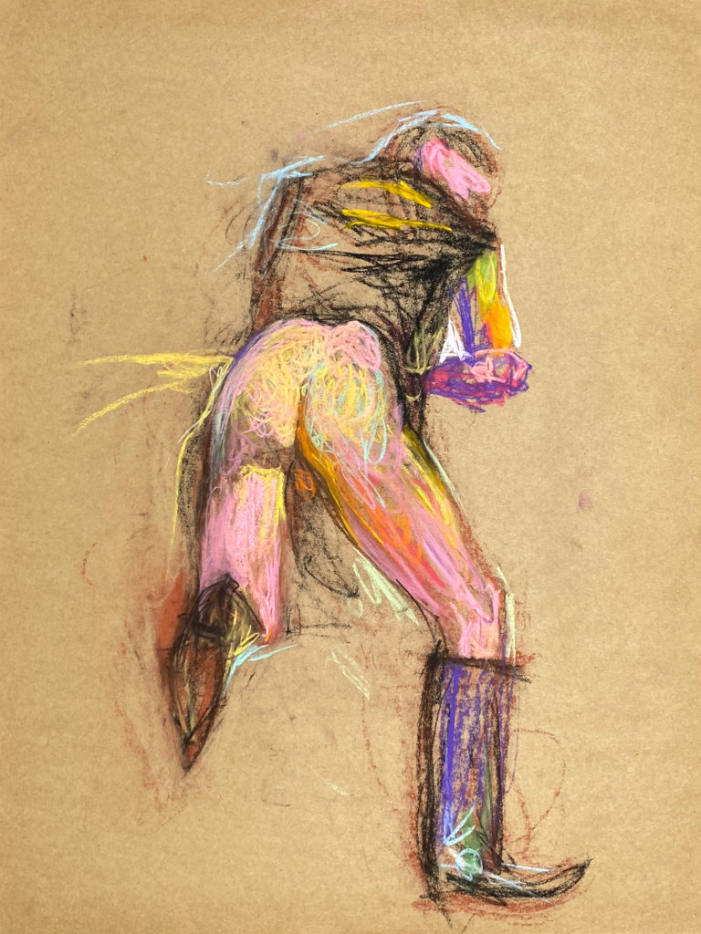 pastel drawing of male model in Harley Davidson leather vest and cowboy boots from backside