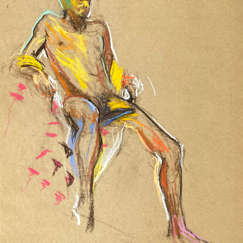 pastel drawing of male model sitting on ornamented drape