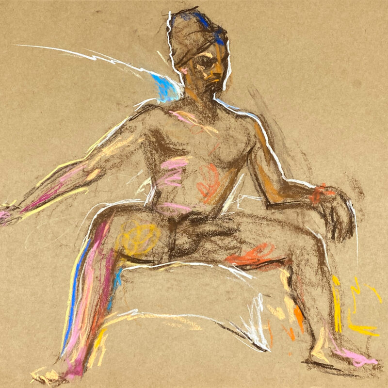 pastel drawing of sitting naked male model in turban