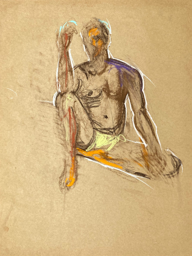 pastel drawing of sitting male model in yellow trunks