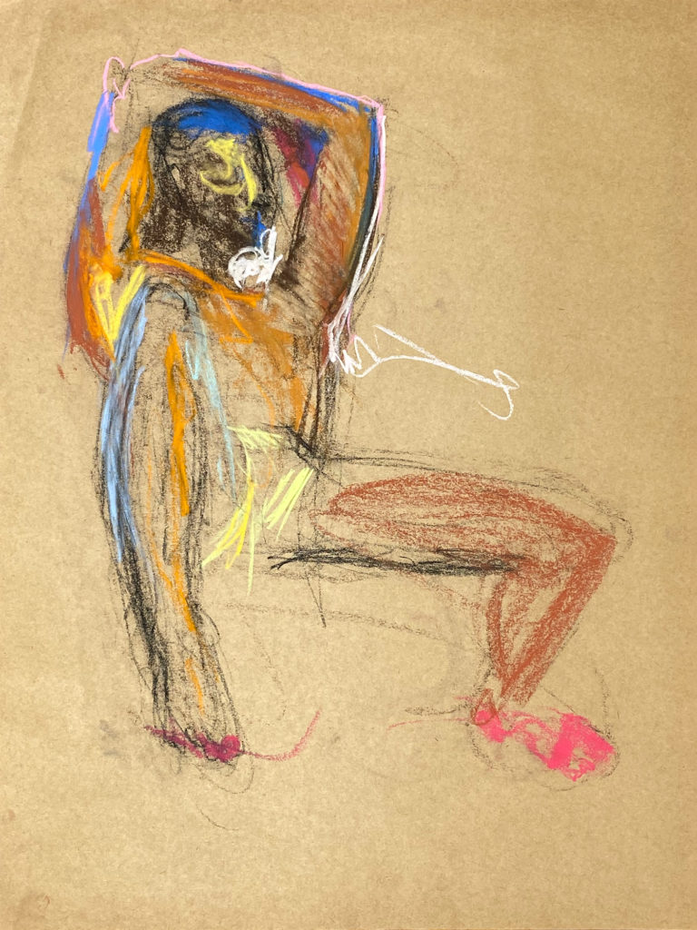 pastel drawing of sitting male model in yellow trunks
