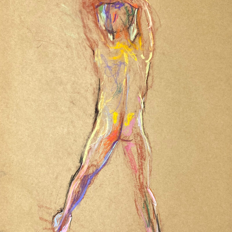 pastel drawing of male model standing from backside