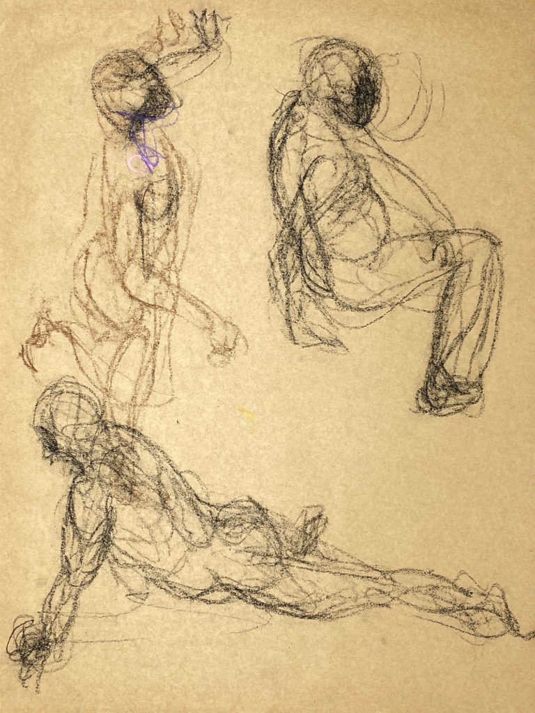 black pastel drawing of three male models