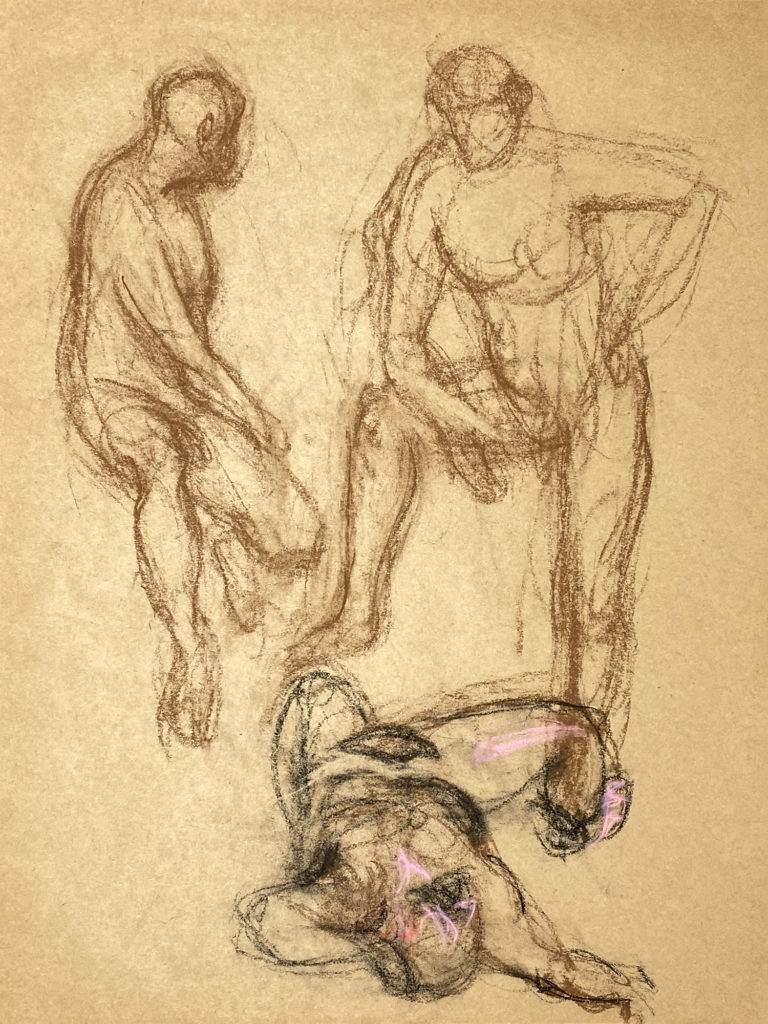 brown and black pastel drawing of three male models