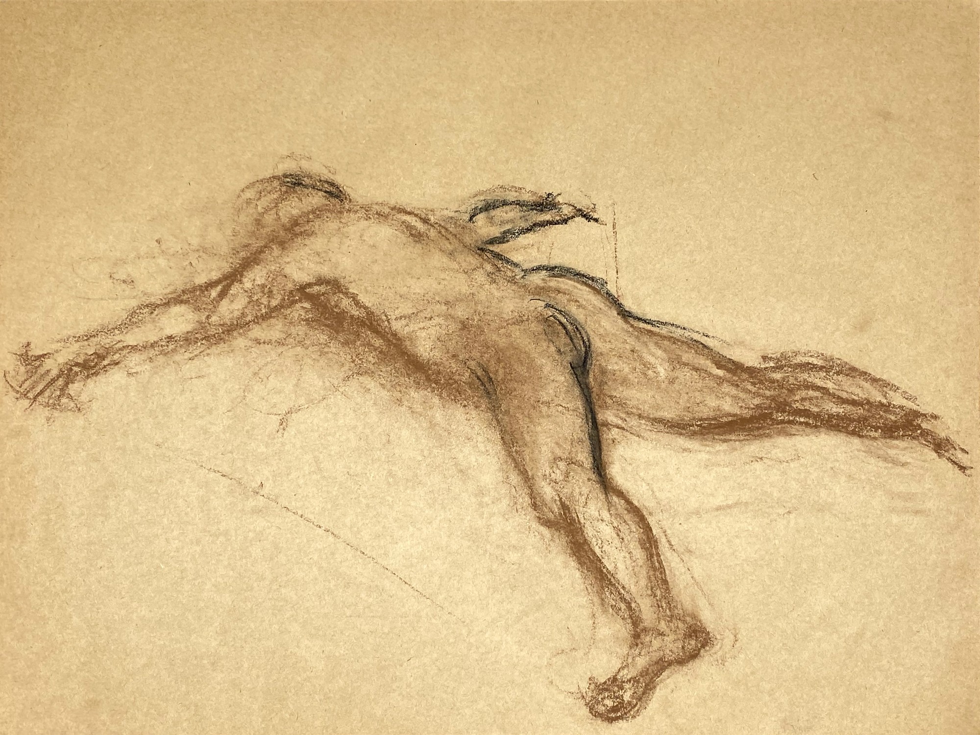 pastel drawing of male model laying prone