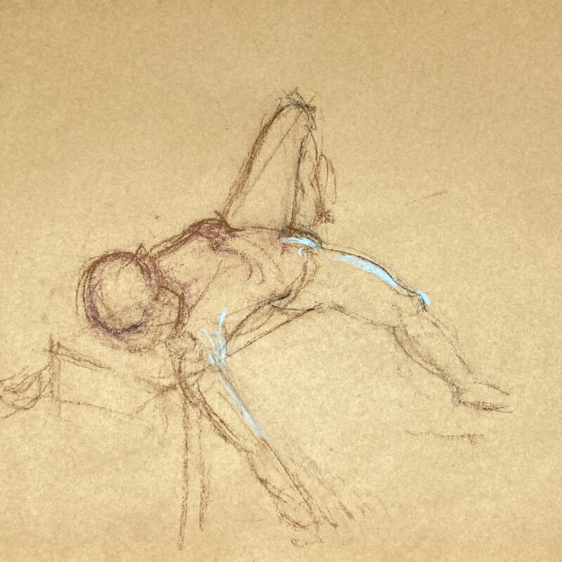 pastel drawing of male model laying on bench