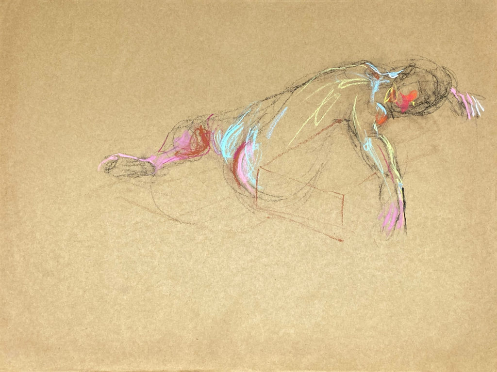 pastel drawing of male model laying on podium