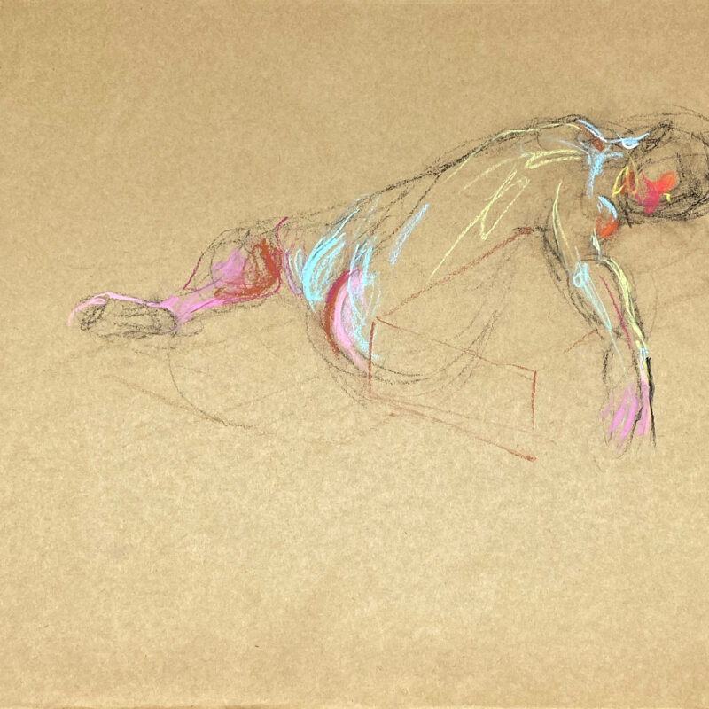 pastel drawing of male model laying on podium