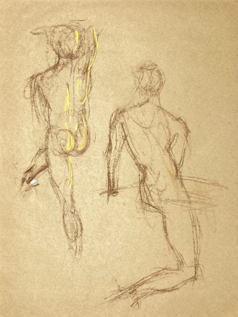 brown pastel drawing of male models