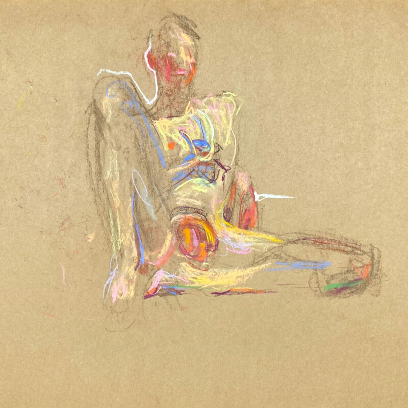 pastel drawing of sitting naked male model with banana
