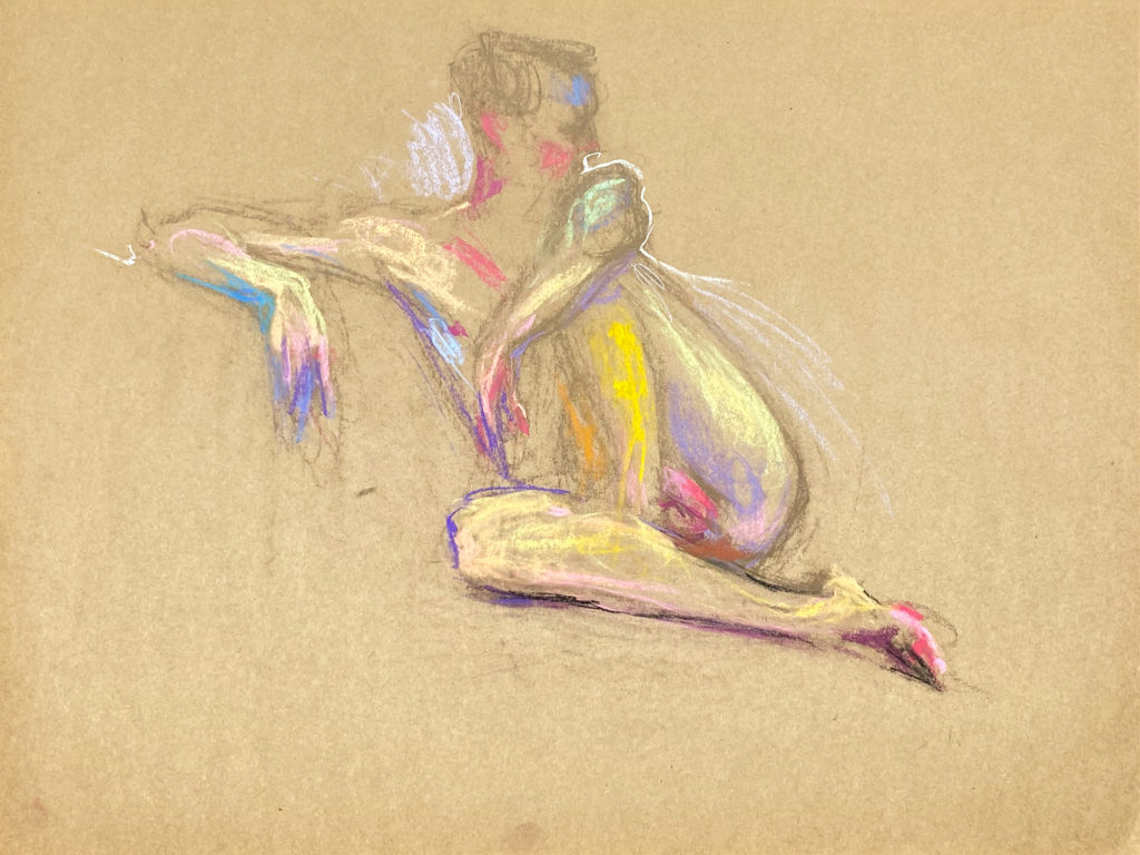 pastel drawing of male model bending knee