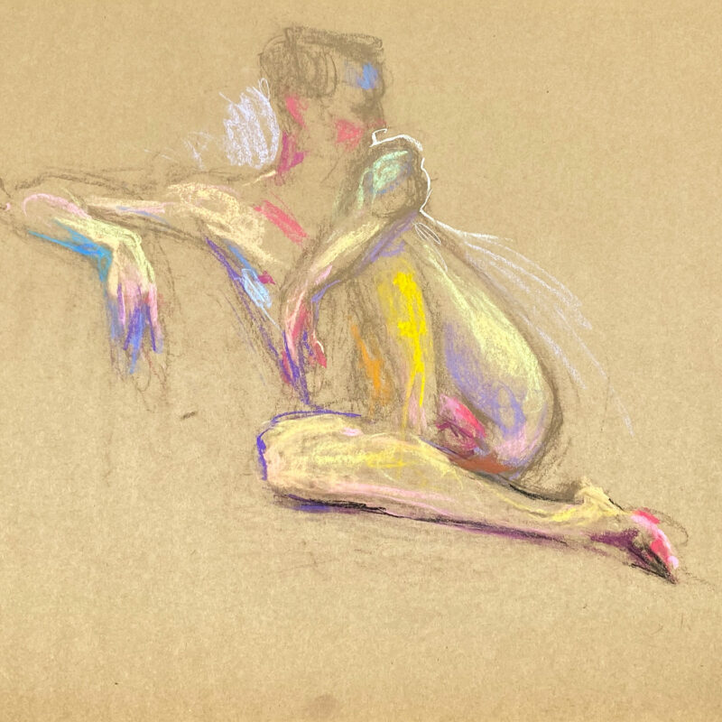 pastel drawing of male model bending knee