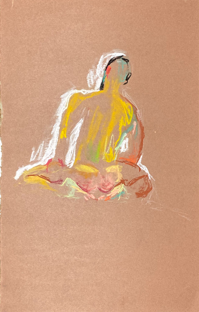 pastel drawing with sitting male model from backside